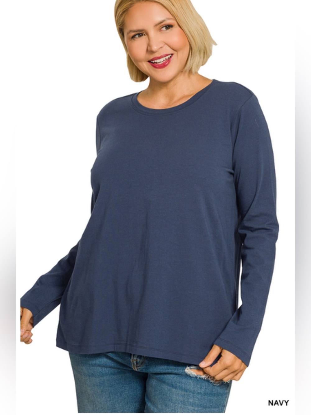 Zenana PLUS Navy Cotton and Spandex Crew Neck Long Sleeve T-Shirt